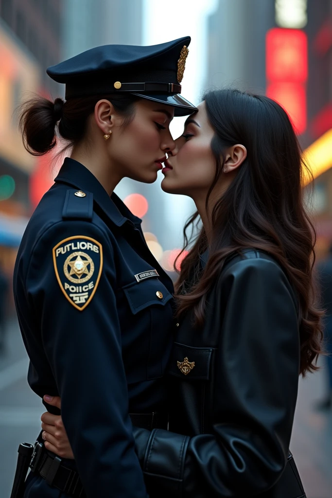 masterpiece,best qualtiy,hdr, hyper HD, 8K,Bokeh,Ultra-fine painting,Sharp focus,Physically-based rendering,Extreme detail description,portraitures,full-body photo,three Female police officers in a very tight oned uniform, leaning forward at viewer, (shag hair), Sexyile, (in city in riot:1.2), (kissing:1.2), perfect eyes, perfect hands, perfect body, perfect hair, (Big bre(EOS R8, 50 millimeters, F1.2, 8K, RAW photo:1.2), photograph by arny freytag