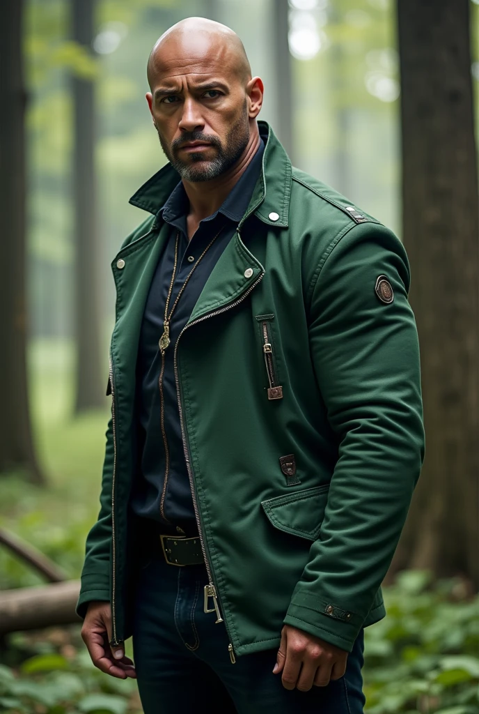 a man wearing a green jacket in a forest, vin diesel, hero, epic fantasy medieval fantasy character, portrait of finn the wild man, dwayne johnson as harry potter, dominic toretto, fantasy character photo, ronaldo nazario, profile photo, grand fantasy d&d hobbit rogue