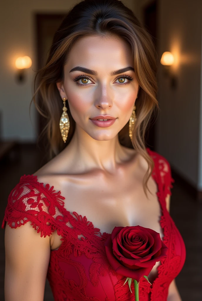 a beautiful 45-year-old woman in a red lace black dress, wearing golden earrings, with a red rose on her neck, delicate facial features, strong flying dove-like characteristics, extremely detailed skin, light brown hair, film grain, cute style, 8k, RAW photography, Fujifilm, portrait