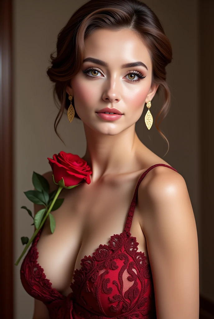 a beautiful 45-year-old woman in a red lace black dress, wearing golden earrings, with a red rose on her neck, delicate facial features, strong flying dove-like characteristics, extremely detailed skin, light brown hair, film grain, cute style, 8k, RAW photography, Fujifilm, portrait