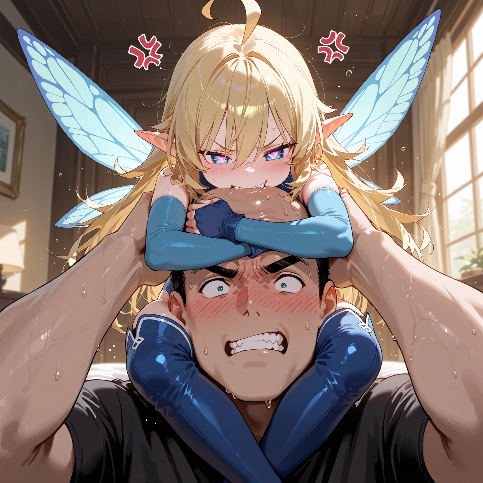 score_9, score_8_up, score_7_up, scissorhold, indoors, crossed legs, sitting, on shoulders, shoulder carry,  angry vein, 1girl, 1boy, mesugaki,tiny fairy girl, minigirl, little woman, short legs, large hair,  pointy ears, blue leotard, blue elbow gloves, blue thigh boots, minigirl, fairy wings,smirk,biting head,hands on head, full blush, sweat, break 1man, human man, man close up,man is suffocating,man is scared,shirt, big man head, larger male, size difference, close up, (masterpiece), best quality, expressive eyes, perfect face, dynamic pose, dynamic action, Expressiveh , 3-koma