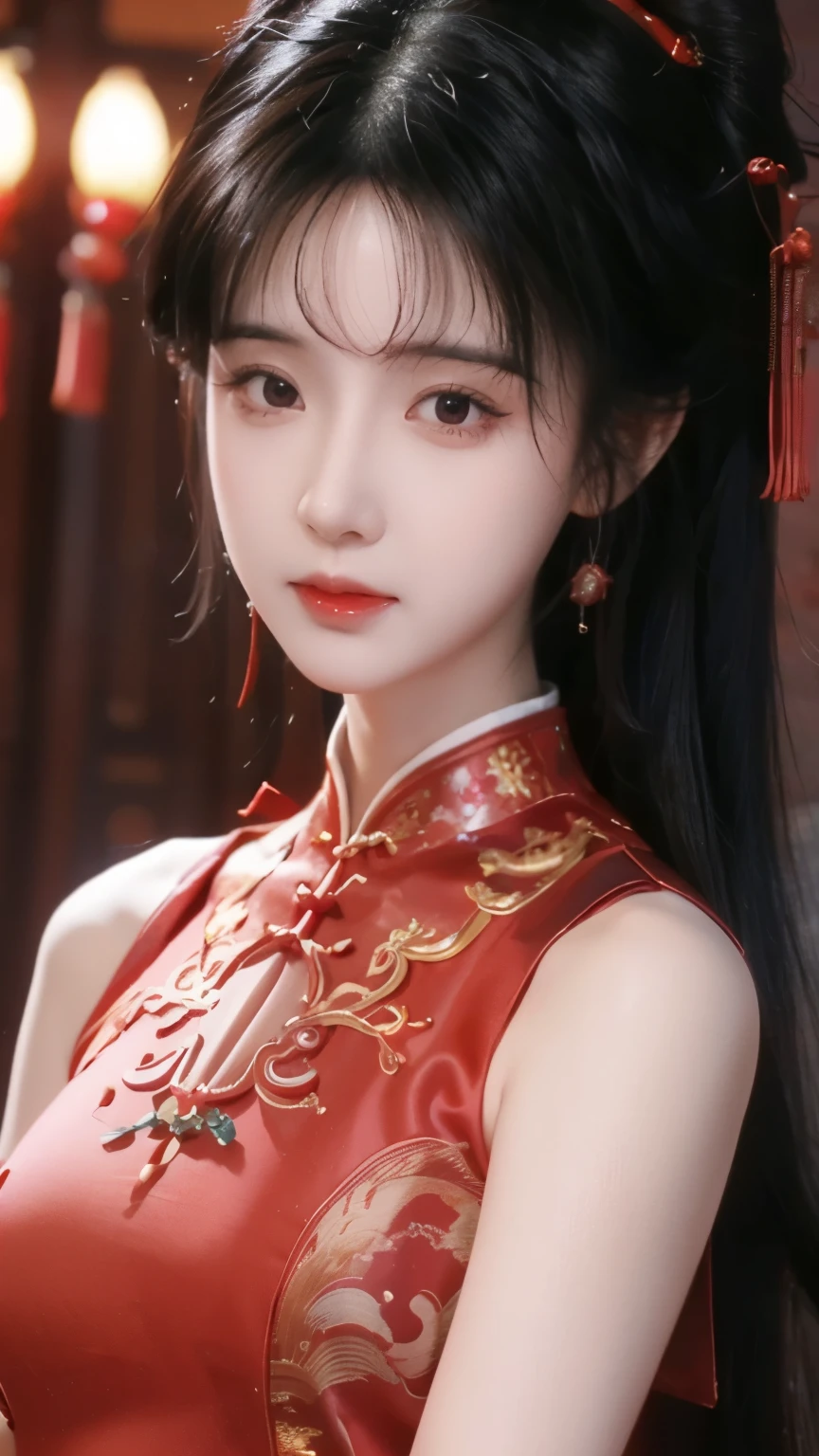 Close-up of a woman in a red cheongsam, Game CG, Smooth Anime CG Art,   was inspired by Li Meishu  , Close-up characters, 3D animation realistic, 4k detail fantasy,  realistic anime girl rendering , yun ling,  8k UHD character details  , Anime CGI, Art bud ; [3D Unreal Engine