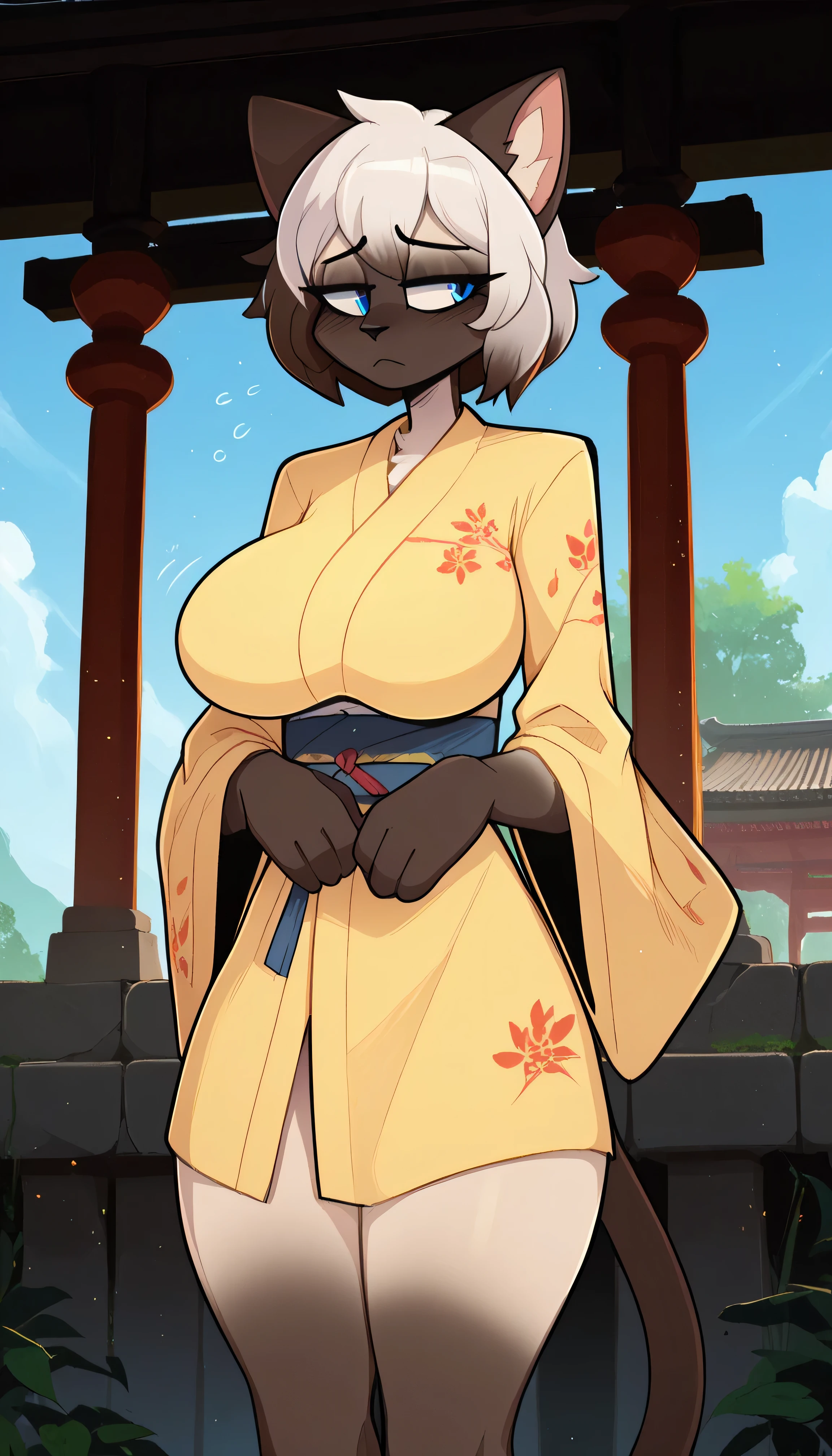 Half-closed eyes, tired eyes, depressed expression, 1girl, anthro, furry, fur, fluffy fur, siamese cat, cat girl, (japanese temple), white hair (brown highlights), blue eyes, short hair, standing, (19 years), big breast, thicc thighs, solo, half-closed eyes, detailed, yellow kimono, sad, (kilinah), light particles, score_9, score_8_up, score_7_up, score_6_up, score_5_up, score_4_up