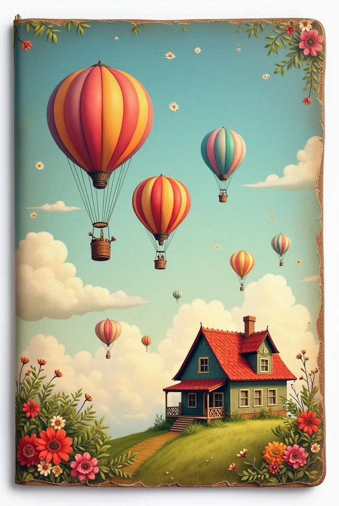 Surreal and bizarre. Rustic.
A hot air balloon. The balloon is an entire world of little houses.
Soft watercolor.