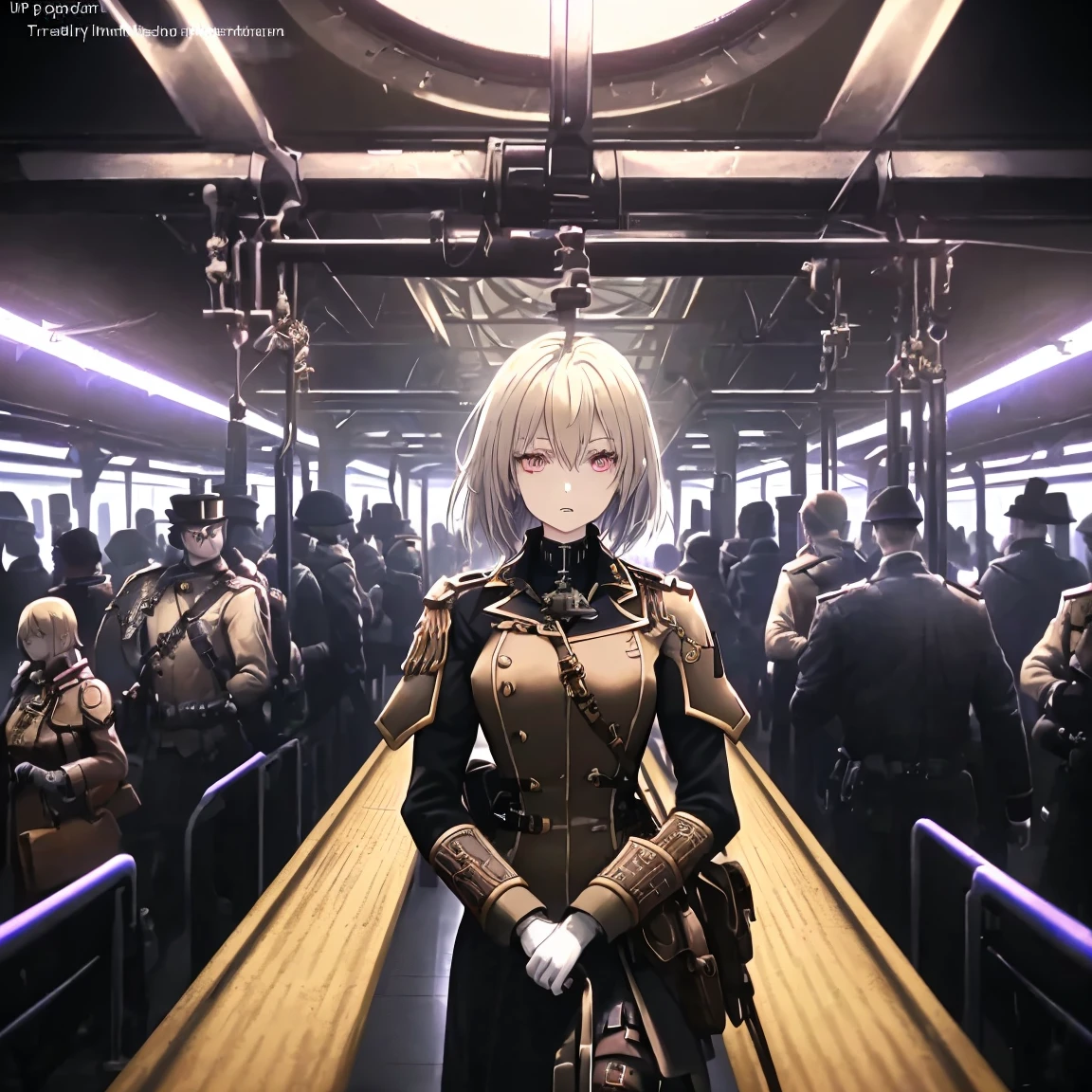 him "crowded train station", uma estação de trem com um único trilho de metal com umplatform  grande com piso cinza, Visible train, platform  ( is filled with steampunk soldiers),  while most  ((Soldiers arrive from portals ))  open at the ends of the image , (( ultra quality)), Anime enhancement, ((8k resolution, masterpiece,  best quality)),  ultra detailed, ultra sharp , perfect colors,  perfectly shaded ,  perfect lighting , ( very detailed face ), perfect anatomy, ( Well designed faces )