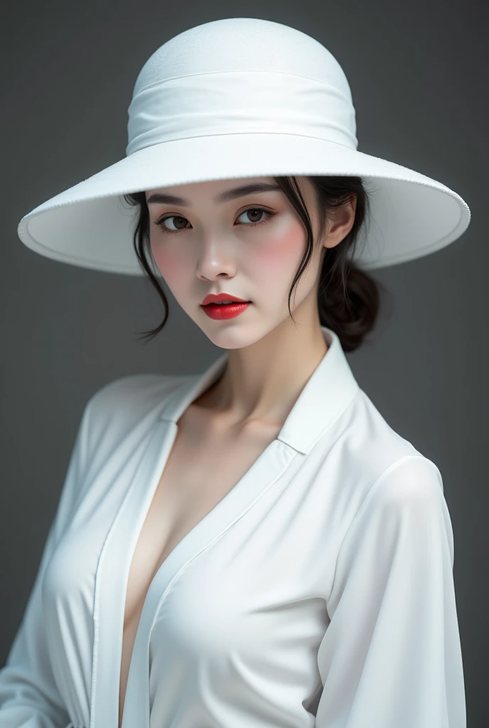  Arabian Woman Wearing a White Hat and Dress with Red Lipstick, pale  white skin like porcelain , Gwaiz, Gwaiz masterpiece, artwork in the style of Gwaiz,  Soft Portrait Shot 8K, Pale young ghost girl,  white skin like porcelain ,  by Russell Dongjun Lu,  It looks like a pale milky white porcelain skin , Elegant woman with white skin