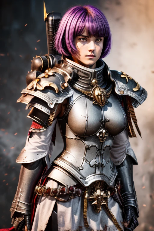 shukezouma, octane render, hdr, (hyperdetailed:1.15), (soft light, sharp:1.2), 1girl, beautiful girl, warhammer 40k, space marine, armor, adepta sororitas, beautiful face, highly detailed face, rainbow hair, ultra detailed eyes, plump, thick, long colored hair, paint bulb, paint drops, (hair ornaments, earrings, flowers hair ornaments, butterflies hair ornaments), outdoors, sakura trees, <lora:warhammer40KSistersOf_2Rank8:1.5>