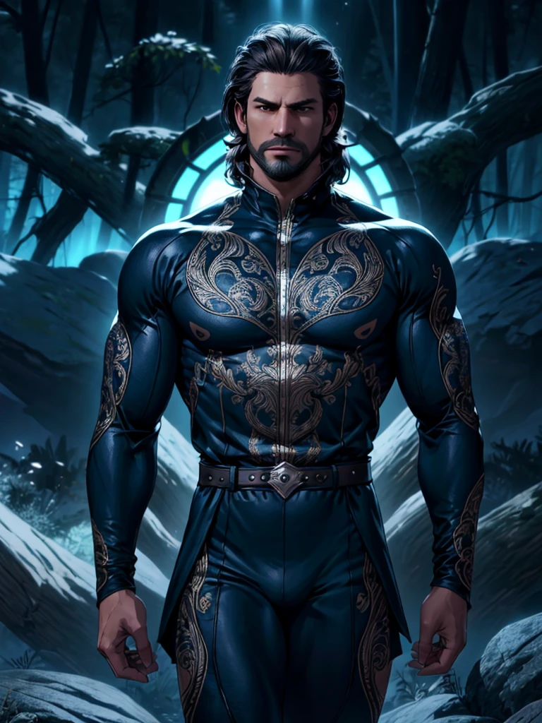 [Picture anime][highest quality photo][ 4k,HD photo quality],Gale, anatomically correct, muscular mature male, eye focus, ultra detailed, bara, muscular, male focus, solo, seductive, (royal lycra dark-blue rashguard:1.1), 1boy, night forest background, (black lycra tights:1.1), covered pectorals, bodybuilder, eye focus, detailed face, dark brown hair, dark-blue and white theme, intricate details, short beard,