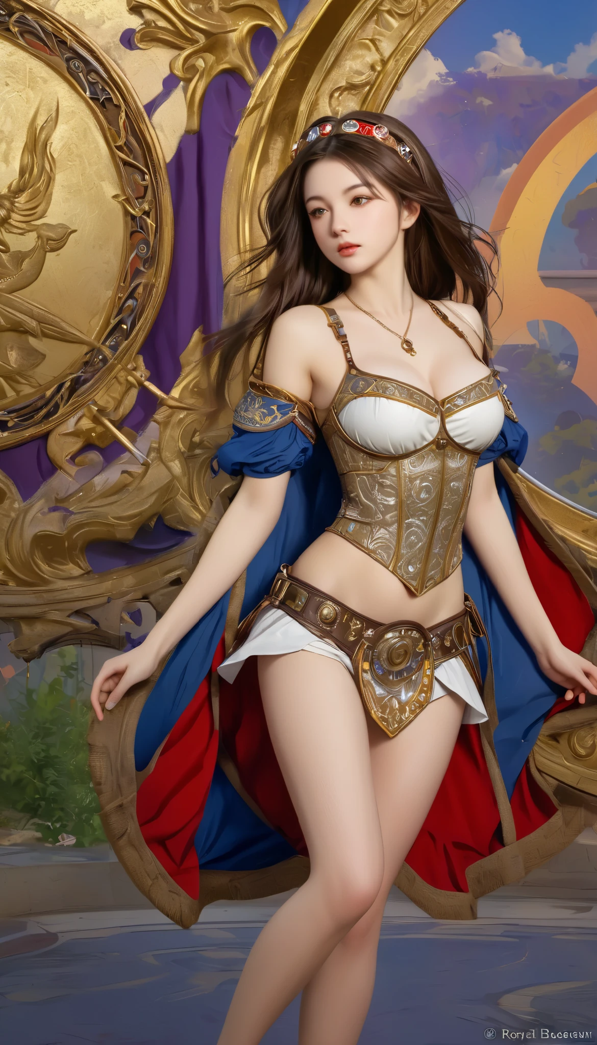 8K resolution, masterpiece, Highest quality, Award-winning works, unrealistic, sole sexy lady, healthy shaped body, 25 years old, white wavy long hair, hair band, (beautiful and small bouncing firm ample breasts, deep cleavage:1.5) and a huge waist,, ancient roman military commander's armor, Pure white armor with a complex structure, royal coat of arms, Hold up Excalibur with both hands, elegant, Very detailed, Digital Painting, artステーション, コンセプトart, Smooth, Sharp focus, shape, artジャム、Greg Rutkowski、Alphonse Mucha、William Adolphe Bouguereau、art:Stephanie Law , Magnificent royal background, Royal Jewel, nature, Full Shot, Symmetric, Greg Rutkowski, Charlie Bowwater, beep, Unreal 5, Surreal, Dynamic Lighting, ファンタジーart, Complex colors, Colorful magic circle, flash, dynamic sexy poses