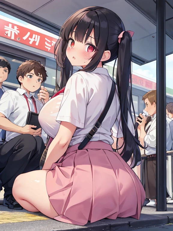 A naked middle-aged man is making a small-breasted girl with black bob hair, erect nipples, pale pubic hair, bare chested, floral panties and a checked skirt, who is crying on a train, spread her legs and inserting his fingers into her vagina, feeling embarrassed and scared and resisting.、whole body
