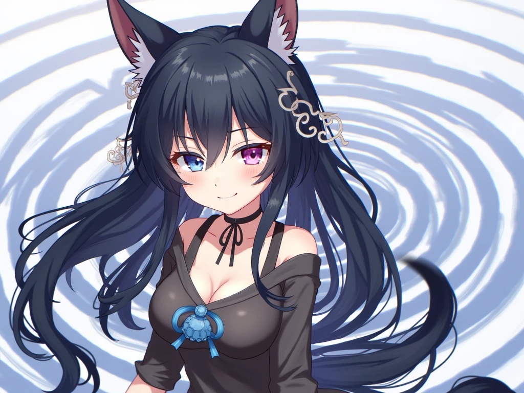 by k-suwabe, hair flower, choker, closed mouth, collarbone, long hair, dark blue hair, looking at viewer, short hair, simple background, , solo, club lighting, cold, dark, graffiti style, upper body, traditional media, dark spiral eyes , 1girl, armor, cat ears, ink