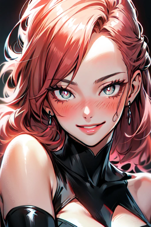 1girl,solo,super detailed skin,shiny skin,natural face, ,eyelashes,lips gloss,red hair,long hair,parted bangs ,large breasts ,ninja style ,asymmetrical body suit,fishnet,standing,simple background,masterpiece,best quality,ultra detailed,high resolution,sharp focus
