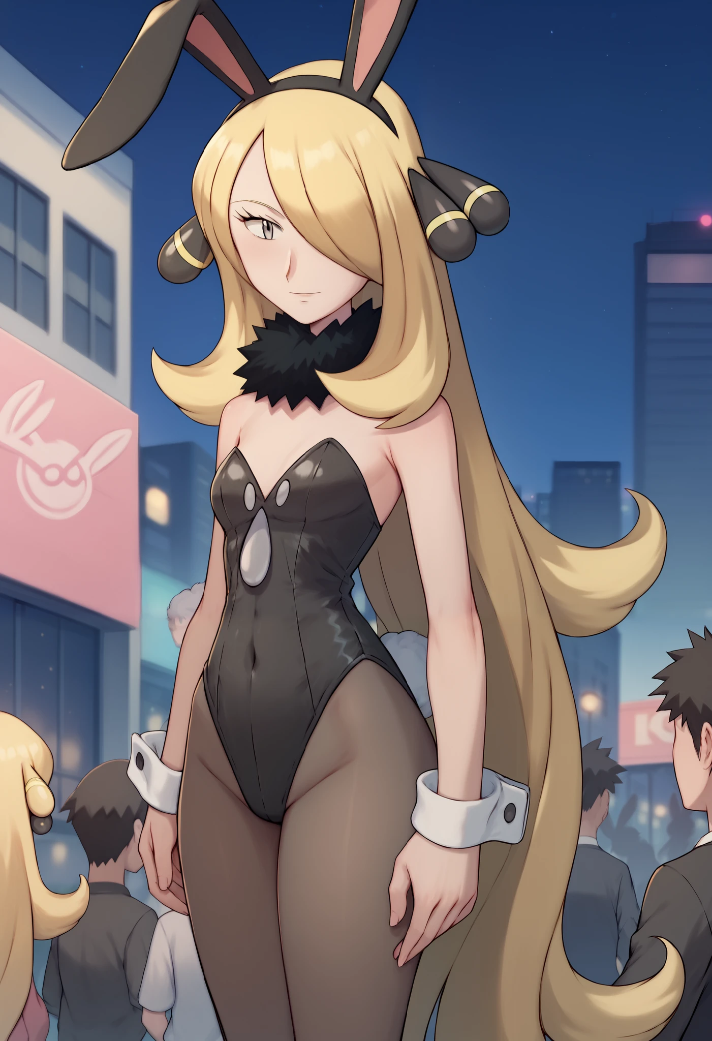 cynthia \(pokemon\), blonde hair, hair over one eye, very long hair, gray eyes, eyelashes, hair ornament, small breasts, thick thighs, bunny suit, gentle smile, city, at night, street, bunny ears, standing up, (skinny), crowded, close up,