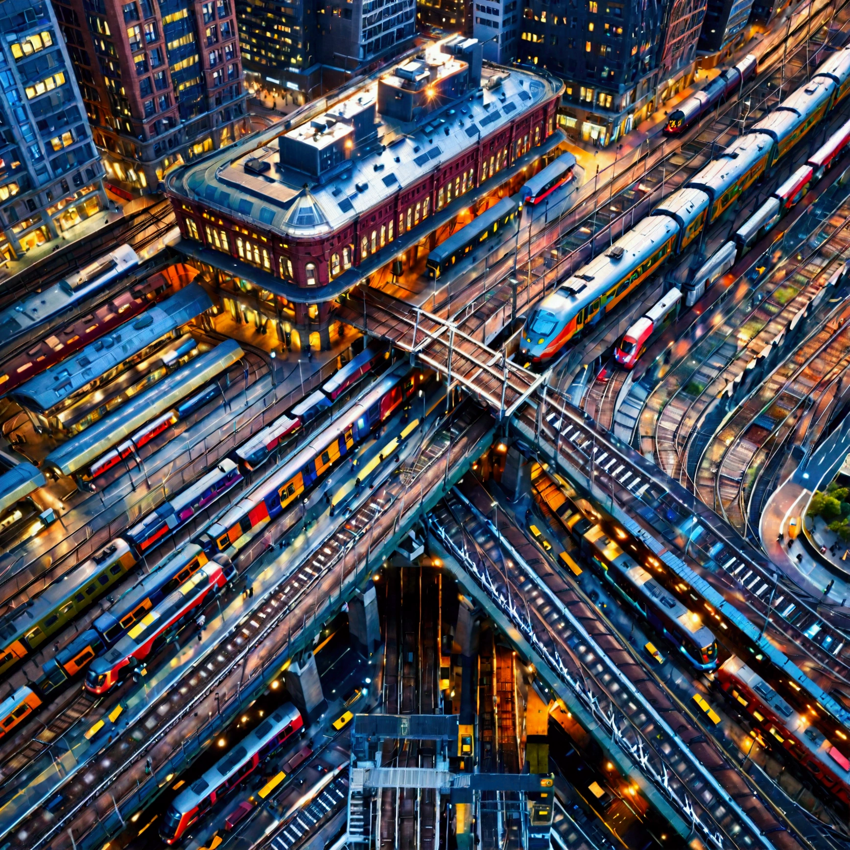 A bustling, large-scale train station viewed from an overhead angle, showcasing an intricate network of train tracks with trains constantly moving in different directions. The scene is filled with dynamic energy, as numerous tracks crisscross, and sleek modern trains rush along them, emphasizing the complexity and busyness of the urban setting. The city skyline in the background is filled with high-rise buildings, adding to the metropolitan atmosphere. The tracks and trains dominate the composition, their metallic textures reflecting the urban lights, creating a vibrant and hectic yet visually striking scene, (overhead view, large train station, bustling, intricate train tracks, moving trains, urban setting, crisscross tracks, dynamic energy, city skyline, high-rise buildings, metropolitan atmosphere, metallic textures, urban lights, busy, vibrant, striking)