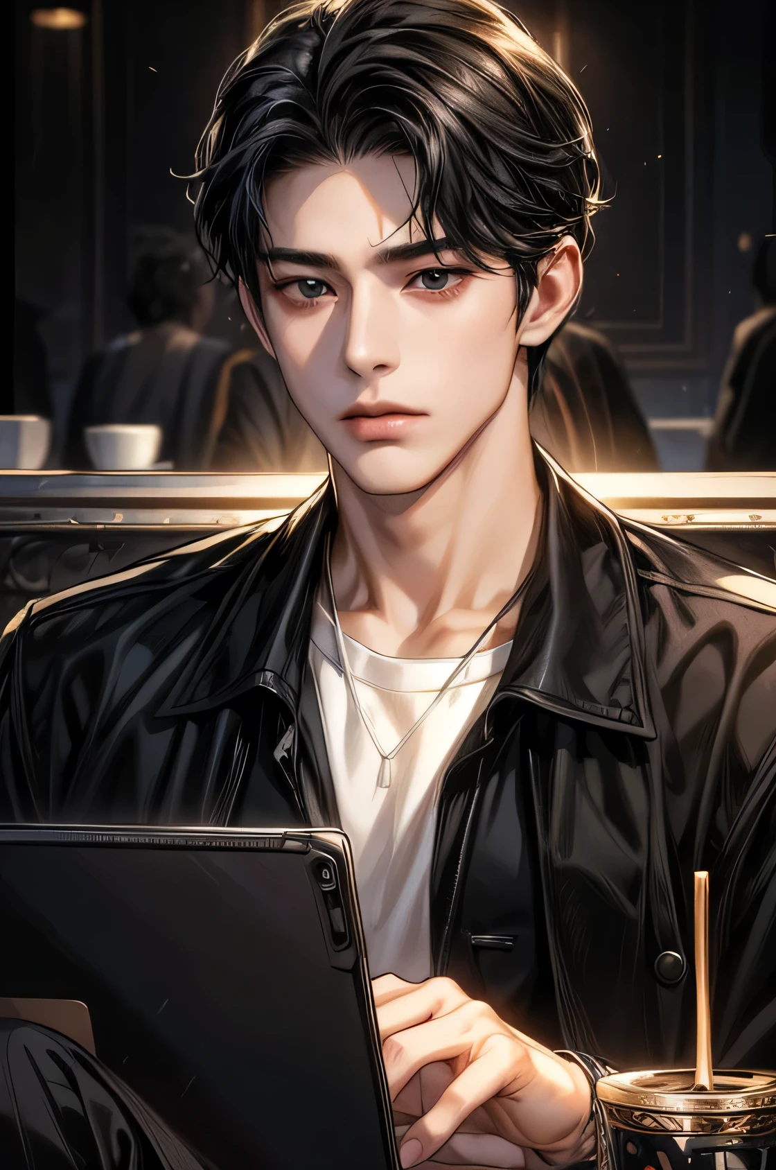 modern , Adult Male, Age about 25 years old , Handsome , Exquisite appearance,Single, Black Jacket , modern trendy Hairstyles,short hair,black hair,Black eyes,Modernservice ,Simple Costumes , black outfit ,romantic, Original Concept Illustration , Masterpiece Illustration , cafe background,Light background,,daytime。