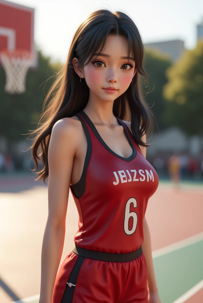 (8k,  best quality,   Masterpiece :1.2), (Realistic, photo-Realistic:1.37),  Ultra Detailed , best quality,   Ultra High Resolution ,  Professional Lighting,  photon mapping ,  radiosity, physically-based rendering,  Cinematic Lighting ,  basketball court, depth of writing,  sharp concentration,Sunbeam, Good composition,(Bokeh:1.2)  1 girl,Alone,(whole body), ( closed mouth ),  DETAILS EYES ,  pose,  Thin Waist,  basketball uniform  ,  black hair, messy hair , long hair swaying in the wind ,(ulzzang-6500:1.2),   mix 4,  hello 