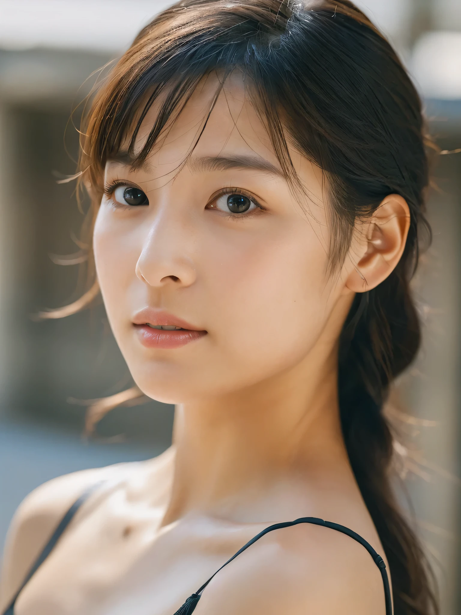 A hyper-realistic image of a single Japanese woman in her early 20s, captured with the sharp clarity and vivid detail of a high-end DSLR camera. Her skin has a warm beige tone with a natural, slightly rough texture that includes visible pores, fine lines, and subtle imperfections such as small blemishes, adding to the authenticity of her appearance. The soft, diffused natural light highlights every detail, casting gentle, natural shadows that enhance the depth and dimensionality of her features. Her straight, glossy black hair frames her face in a natural, slightly tousled manner, with each strand sharply defined and reflecting the light in a lifelike way. Her deep brown eyes, full of depth and emotion, are directly looking at the viewer, creating a captivating and engaging connection. The image captures the ultra-high-definition textures of her skin, lips, and hair, with no grain or softness, ensuring a crisp, modern photographic quality. She is dressed simply, in a way that complements her natural beauty, with the overall composition designed to evoke a sense of genuine, understated elegance. The use of soft, natural light and the precision of a DSLR camera ensure that this image captures every imperfection and nuance of her beauty with stunning realism, focusing solely on this one individual.She has large, ample breasts and wears only attractive, fashionable underwear, which accentuates her cleavage.