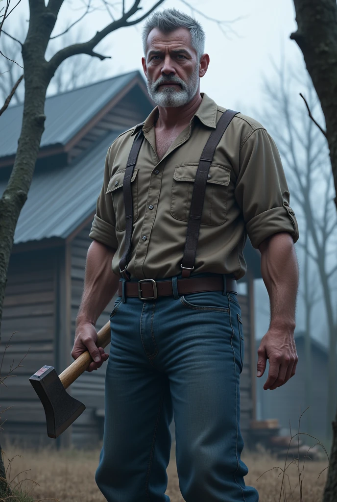 (  Masterpiece )  best quality,  Ultra Detailed ,  super realistic, 40-year-old man, Sharp Eyes, Average person, strong, Short beard and grey hair,  Lumberjack shirt and loose jeans , (Brandishing an axe: 1.3) , Cold and bluish tint, In the background a rural house々and the occasional tree々I can see,  dynamic angle ,  high resolution display , Realistic lighting and shadows, Breathtaking.  