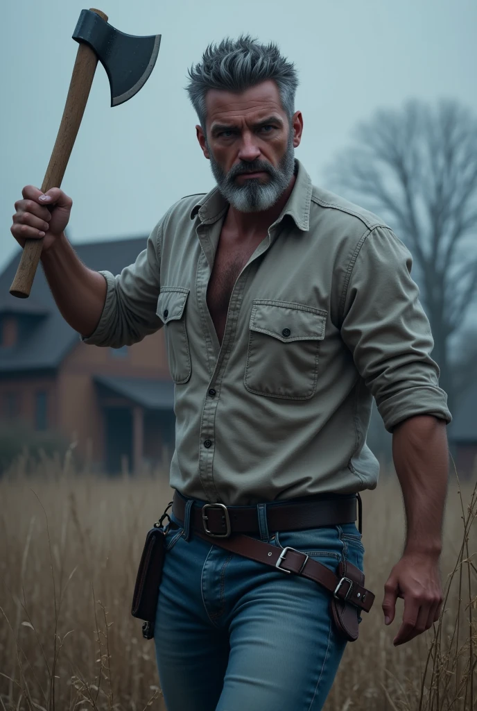 (  Masterpiece )  best quality,  Ultra Detailed ,  super realistic, 40-year-old man, Sharp Eyes, Average person, strong, Short beard and grey hair,  Lumberjack shirt and loose jeans , (Brandishing an axe: 1.3) , Cold and bluish tint, In the background a rural house々and the occasional tree々I can see,  dynamic angle ,  high resolution display , Realistic lighting and shadows, Breathtaking.  