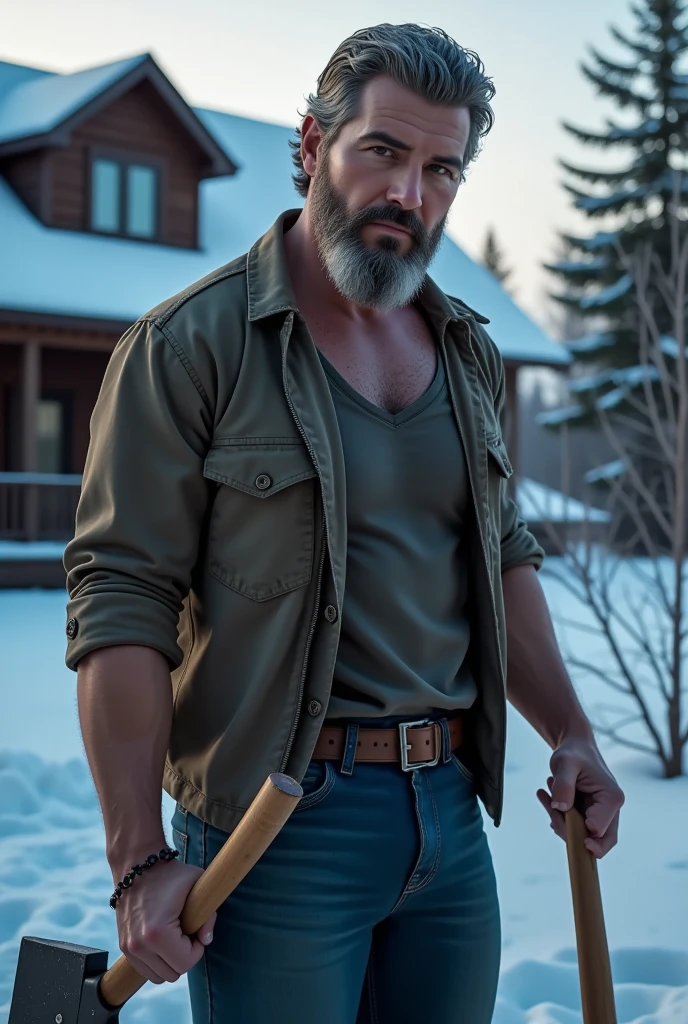 (  Masterpiece )  best quality,  Ultra Detailed ,  super realistic, 40-year-old man, Sharp Eyes, Average person, strong, Short beard and grey hair,  Lumberjack shirt and loose jeans , (Brandishing an axe: 1.3) , Cold and bluish tint, In the background a rural house々and the occasional tree々I can see,  dynamic angle ,  high resolution display , Realistic lighting and shadows, Breathtaking.  