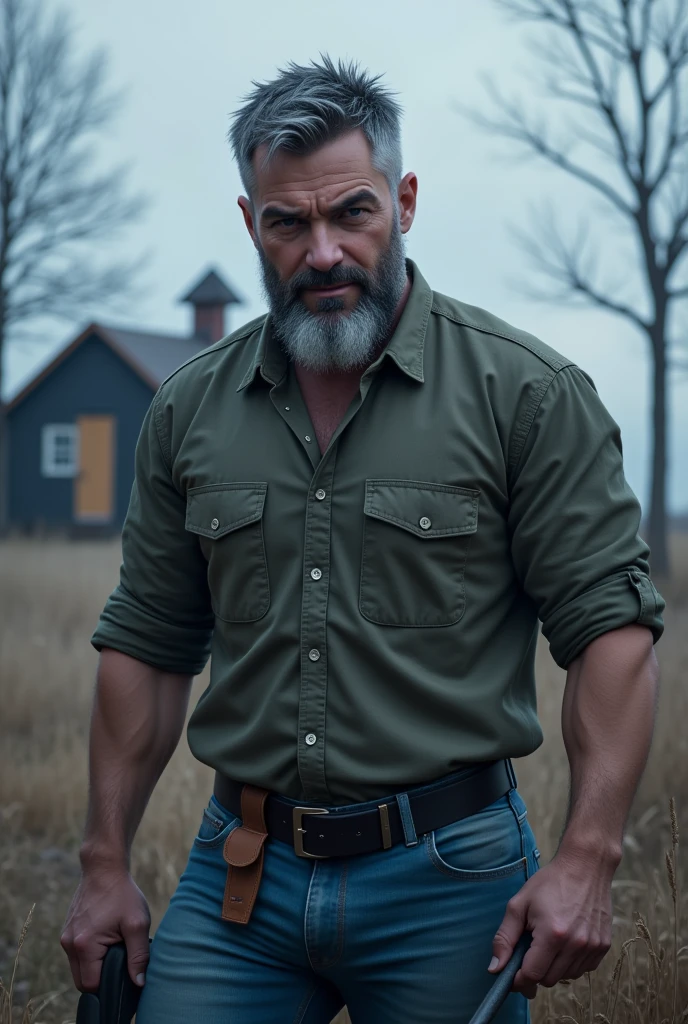 (  Masterpiece )  best quality,  Ultra Detailed ,  super realistic, 40-year-old man, Sharp Eyes, Average person, strong, Short beard and grey hair,  Lumberjack shirt and loose jeans , (Brandishing an axe: 1.3) , Cold and bluish tint, In the background a rural house々and the occasional tree々I can see,  dynamic angle ,  high resolution display , Realistic lighting and shadows, Breathtaking.  