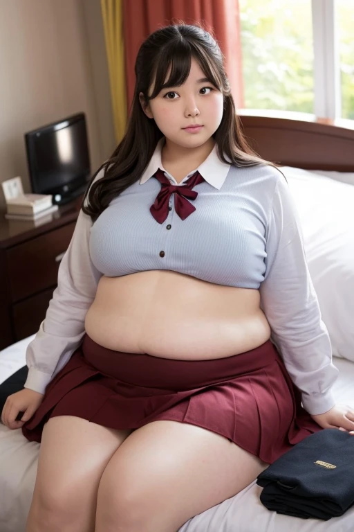 (nsfw),adult plump woman,dark brown hair,27 years old,(fair skin,thick arms:1.3),at home,pubic hair,on bed,(white collared shirt with red bowtie),hairy and wetty pussy,spreading legs,opening pussy,showing pussy,japanese woman,