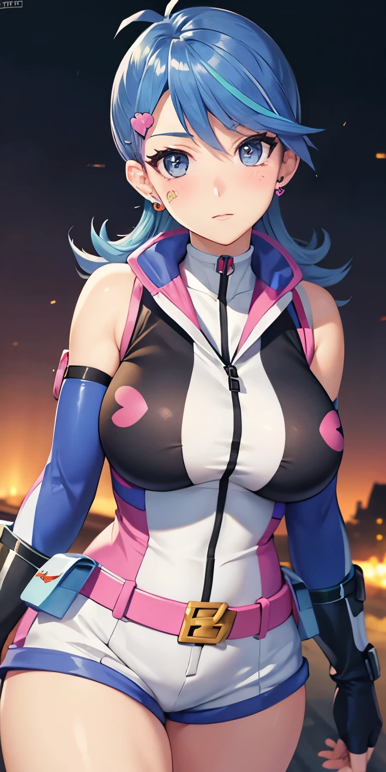 1 Female,High definition,high resolution,Ultra-realistic,8K,hmbg, medium hair, multicolored hair, antenna hair, hair ornament, facial tattoo, heart earrings, sleeveless jacket, sleeveless, detached sleeves, fingerless gloves, belt, white shorts,European,sexy,Upper body close-up,Photographed from the front,Dynamic Angles,private teacher,blush, medium tits  ,(hands on tits)