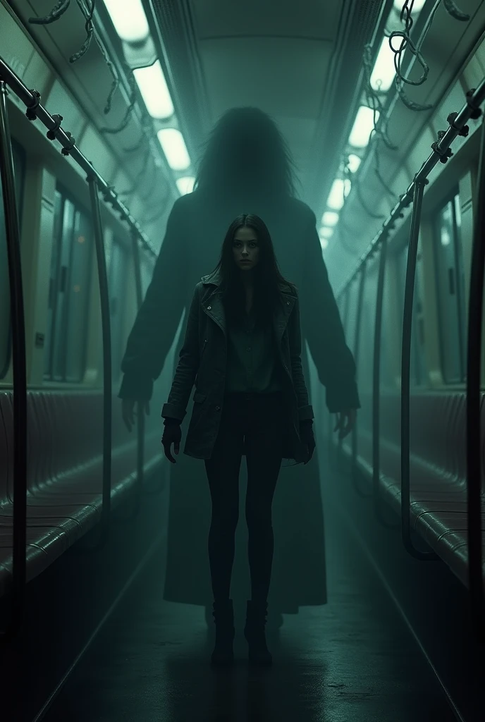 a dark evil shadow attacking a woman inside a public bus