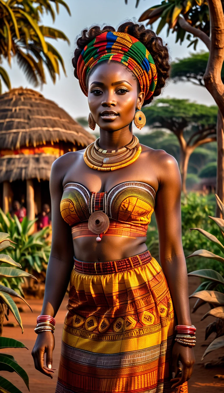 best quality, 4k, 8k, ultra highres, (realistic, photorealistic, RAW photo, ) (hdr, sharp focus) , intricate texture, skin imperfections,A vibrant and dramatic sunrise scene in the central square of an African village, surrounded by traditional round huts and a majestic baobab tree in the background. At the center stands Zola, a strikingly beautiful African woman with glowing dark skin, long voluminous curly hair, wearing a detailed and colorful traditional African dress with intricate patterns. She exudes confidence and grace, illuminated by the golden light of the sunrise. Around her, a group of villagers dressed in traditional attire watch attentively, their expressions full of anticipation. The scene is filled with warm golden tones and a sense of cultural richness, with a Ghanaian flag subtly visible in the background. High-resolution, cinematic style, realistic lighting, and textures, capturing every intricate detail
