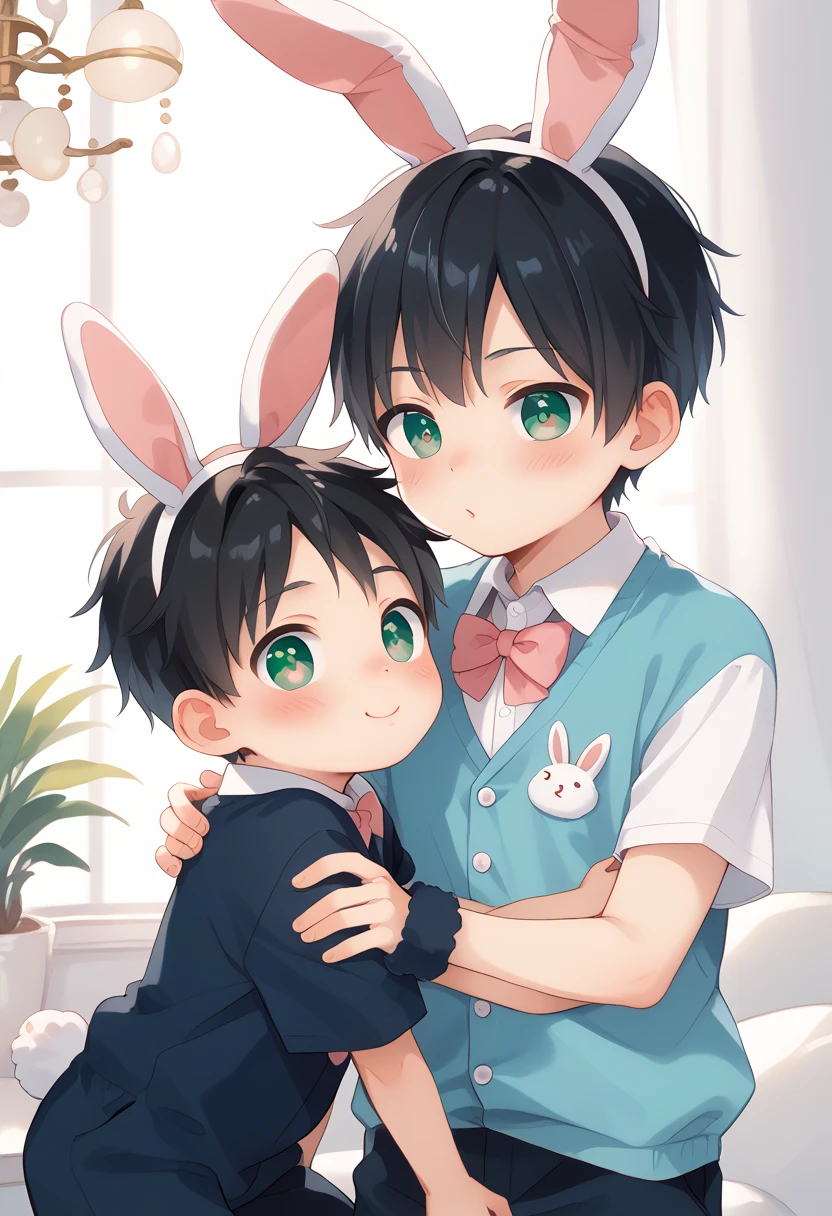 Comic style, comic anime cute boy, black hair, green eyes, slightly blushing, is a , baby clothes, bunnit pink, cute face, big eyes, anime drawing style, shota boy size,slim body, boy's body, gay, boys love it, man and boy, heart in pupil baby boy, small boy, aug holdingriend, baby bunny clothes 