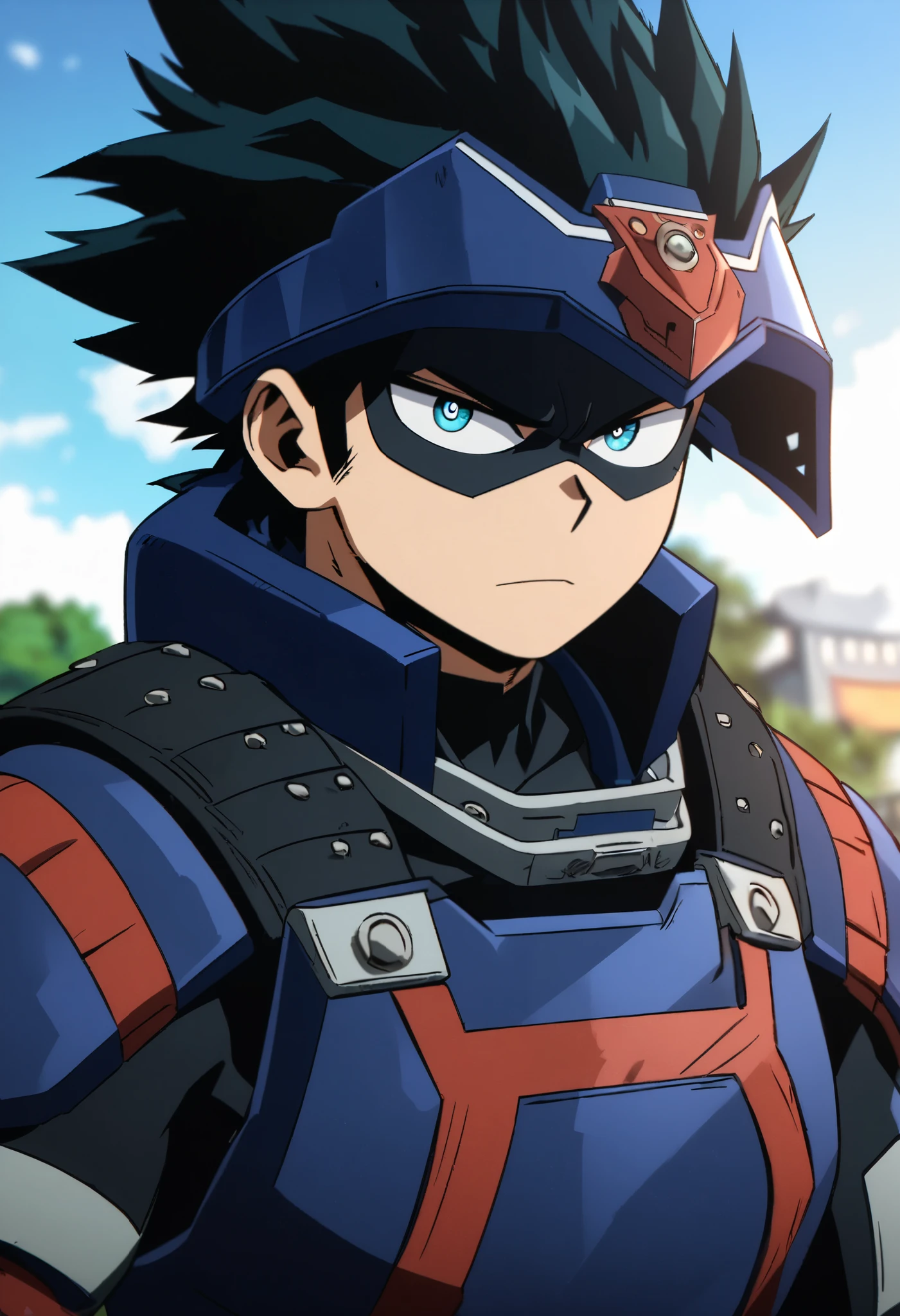 1boy, male, solo, Samurai themed pro hero, blue and black Samurai armor, helmet with robot-like blue eyes visor, As My Hero Academia character, MHA style, anime style, my hero academia, boku no hero academia, animated. Anime, Best Quality, Masterpiece, High Resolution, 4K, perfect body, perfect eyes, Full Quality, Looking at viewer, park background, colorfull, 