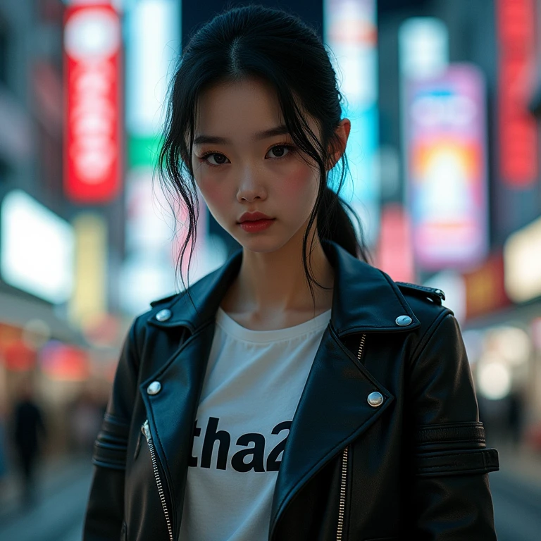 Closeup portrait of beautiful woman standing wearing black hoodie,on the street, night, bokeh, red light, neon light