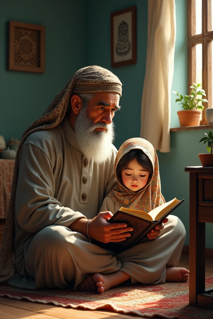 Islamic girl helping her grandfather to take his book