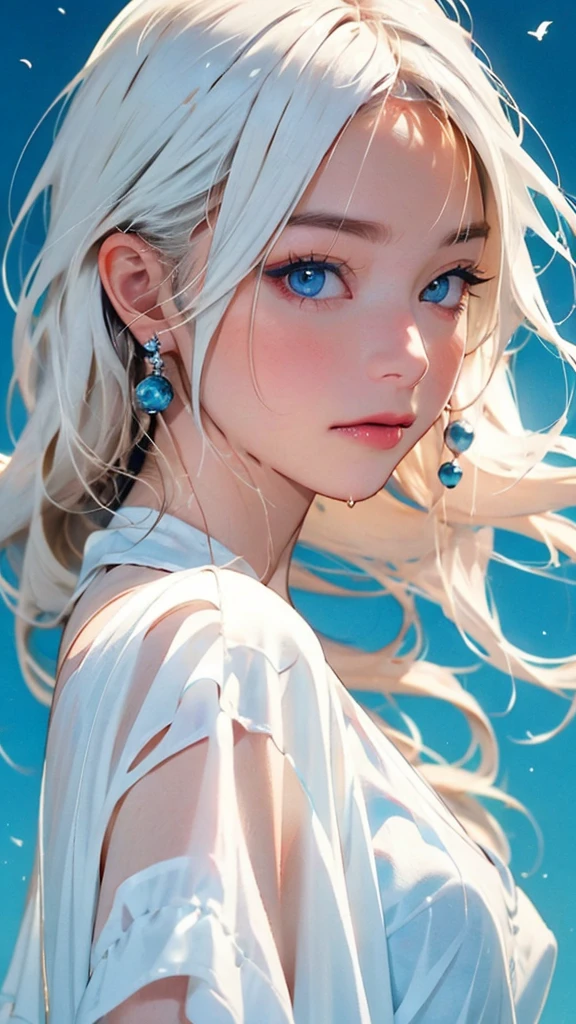 (masterpiece, best quality:1.2), 8k, 85mm, raw photo, absurdres, white and cyan theme, (liquid clothes, liquid dress:1.4), white hair, gradient dress, delicate girl, upper body, close up face, shiny skin, teen, looking at viewer, HDR, sharp focus, particle, twilight sky, detailed eyes and face, white hair, simple background