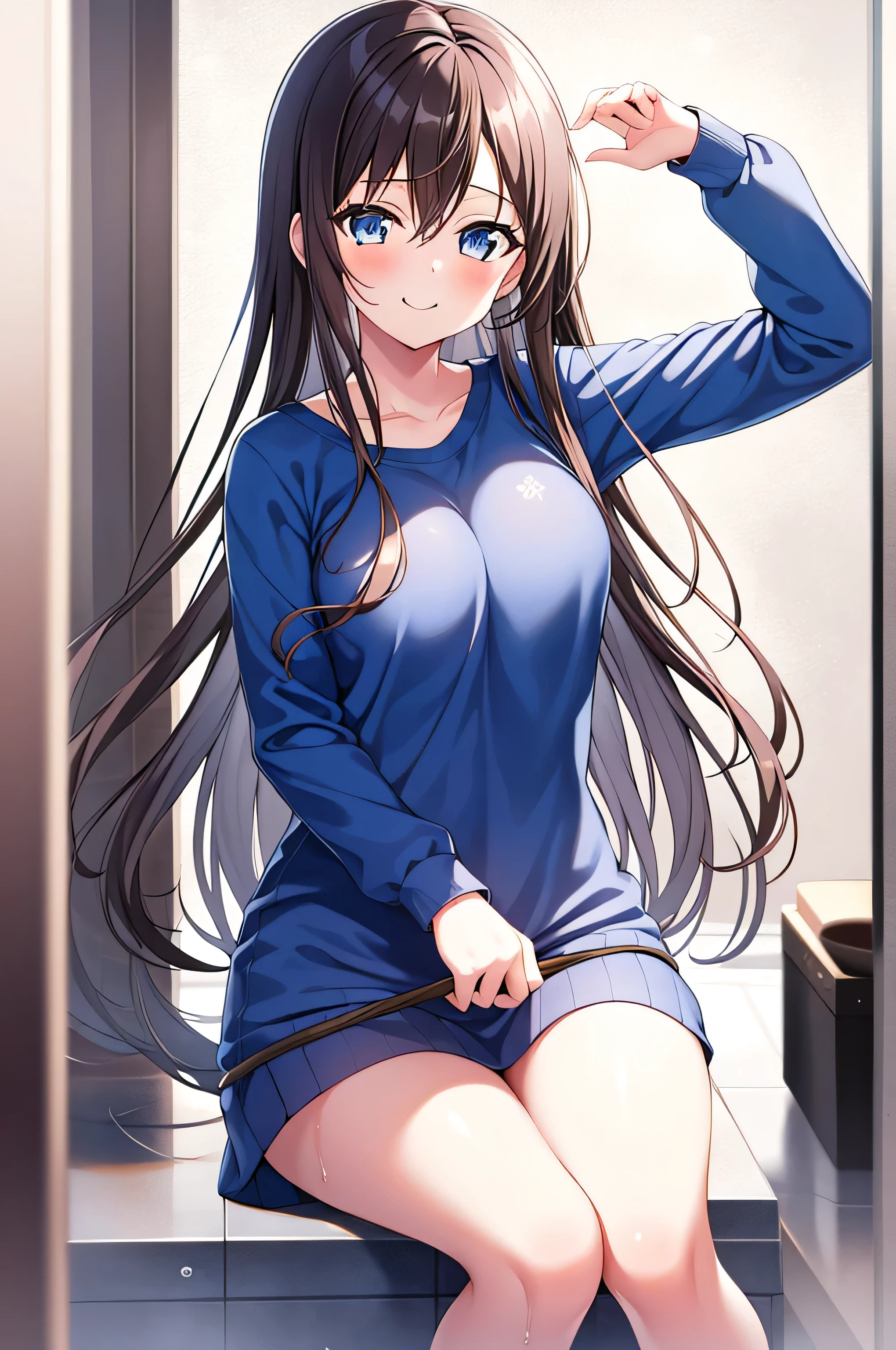  1 girl, nakaNo._future,   Unique , Scantily clad, ,  blue_ have eyes , brown_hair, Long_hair, hair_between_ have eyes , White_, _clothing, White_ Background and  , bathroom， shower ，wash basin，Watching_Shown in_ Use the following method to view viewerackground, shirt, sit, Deactivate_, Umbilical cord, No._OK, White shirt ,  use the following method to view viewerackground through bangs , Long_sleeve, Large target_, medium_,  open shirt, Blushing,Smile，Open your mouth，nipple，Protrusion of the nipple，肚Umbilical cord，