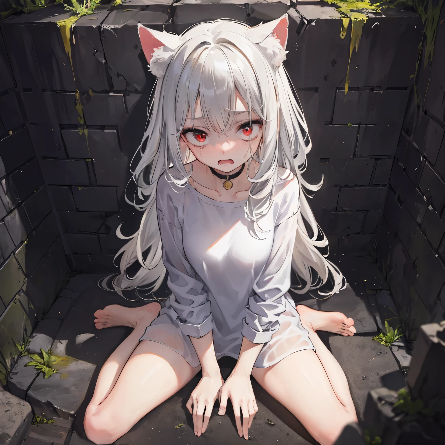 Koneko tojou, front view, cat girl, white hair, yellow eyes, cute expression, whiskers, all fours, cat pose, looking at viewer, paws pose, completely nude, nsfw, small breasts, highres, ultra-detailed, horny, femal fluids, (best quality,4k,highres,masterpiece),subdued colors, vivid colors, professional lighting, detailed lips, detailed eyes.
