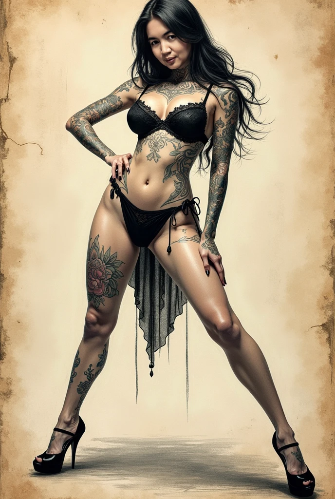 A woman with full body tattoos drinking alcohol