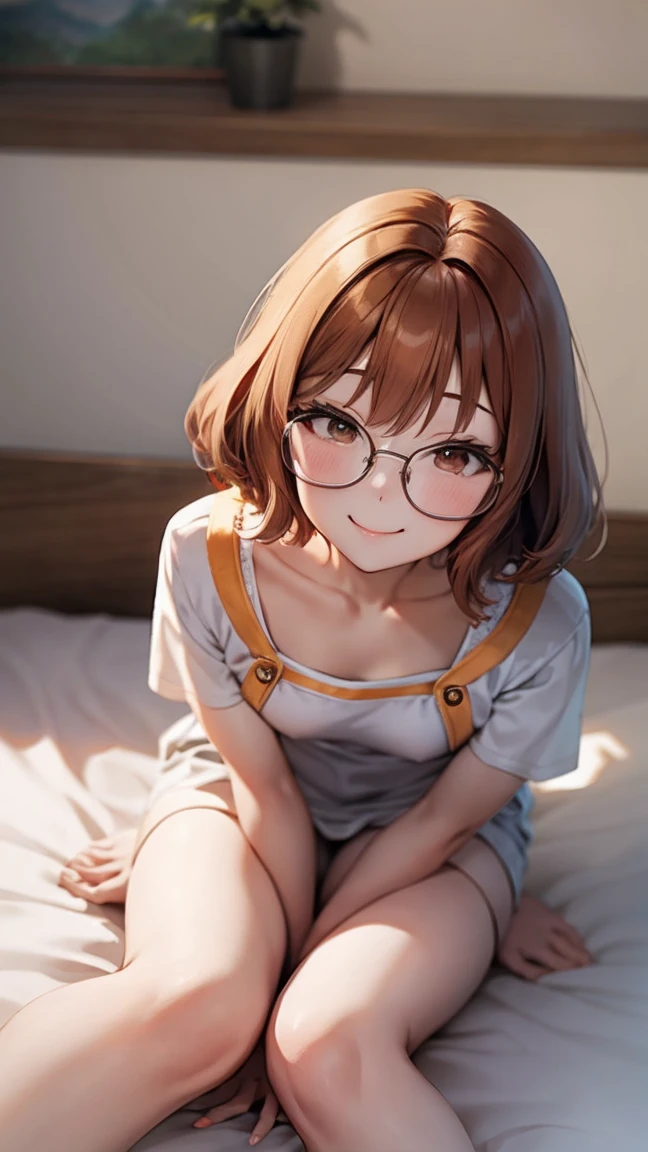  bedroom、High image quality、[ smile、（A woman who is 150cm tall、I'm wearing glasses、Short bob to the shoulders、redhead hair、 micro mini sailor suit with fresh cream on the face）Sit on the bed with your knees up]