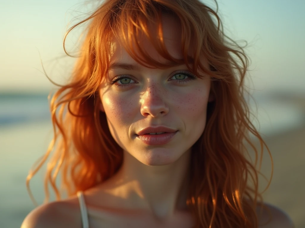 1 girl. Red hair. Sweating. Perspiration. Orgasm face Looking to the camera. Cloudy sky. ((View from below))