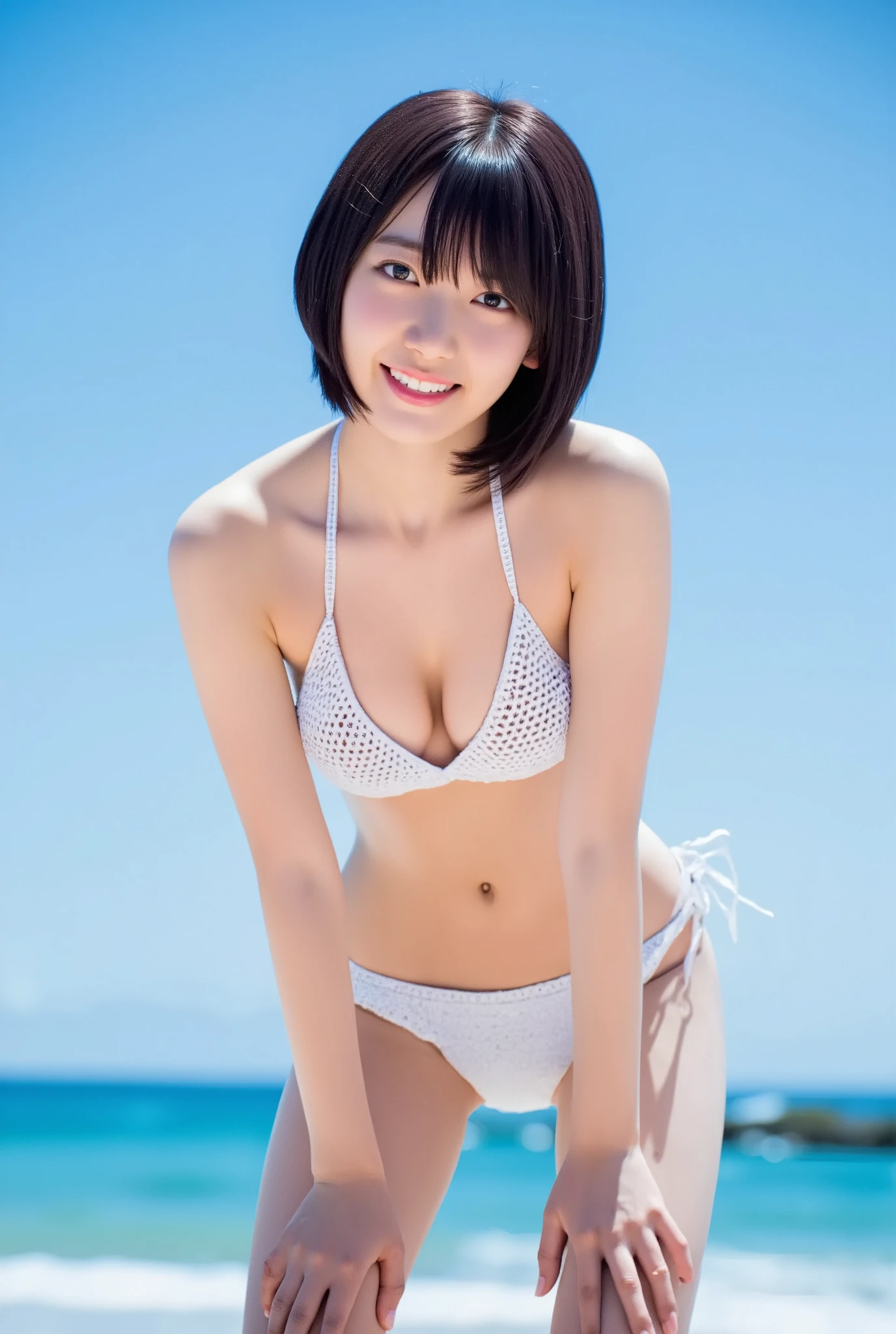 ((SFW: 1.4)), ((SFW, Bandeau bikini, Beach, bony body,  Super Short Hair, side lock hair, smile, 1 girl)), Ultra-high resolution, (Genuine: 1.4), RAW Photos, highest quality, (photoGenuineistic), concentrated ,Soft Light,((15 years old)),((Japanese)),(((Young Face))),(surface),(Depth of written boundary),masterpiece,(PhotoGenuine),woman,bangs,( (1 girl)