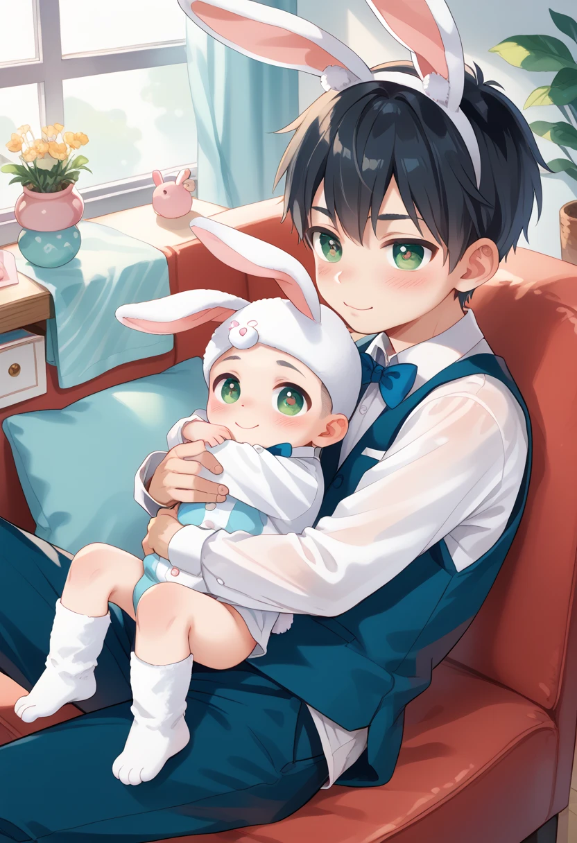 Comic style, comic anime cute boy, black hair, green eyes, slightly blushing, is a primary school boy, baby clothes, bunny suit pink, cute face, big eyes, anime drawing style, shota boy size,slim body, boy's body, gay, boys love it, man and boy, heart in pupil baby boy, small boy, arm hug holding boyfriend, baby bunny clothes, hugging boyfriend, sitting over boyfriend legs