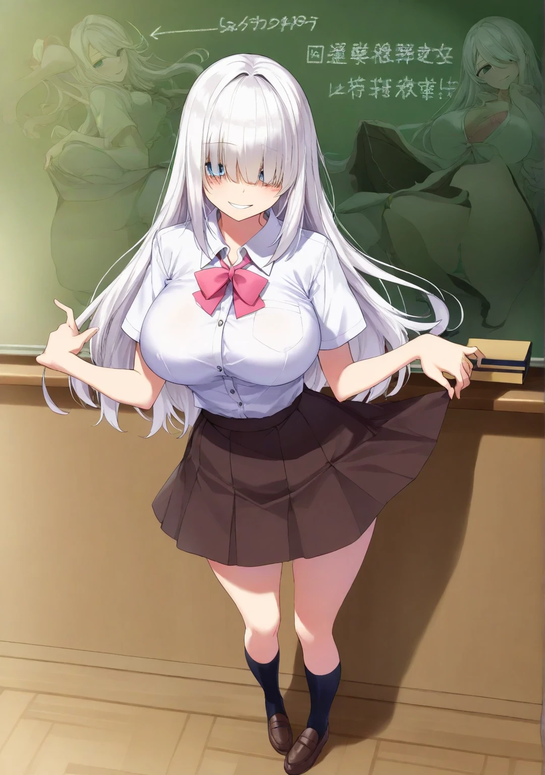 ultra detailed 8k cg, high quality, cinematic lighting, cinematic bloom, masterpiece, best quality, ultra detailed background, delicate pattern, intricate detail, clean, flawless, professional artwork, famous artwork, perfect face, beautiful face, beautiful eyes, perfect female body, narrow waist, skinny, elegant, symmetry, beautiful, beautiful detailed eyes, gorgeous, gorgeous female, goddess, nsfw, sexy, hot, attractive, charming, alluring, seductive, erotic, enchanting, perfect skin, clean skin, soft skin, thick thighs, thick ass, athletic, sweat, aesthetic, arms behind back, perfect ellipse shape breasts, symmetry breasts, looking at viewer, DianaCavendish, long hair, DianaCavendishBase, black thighhighs, blush, collared shirt, vest, luna nova school uniform, skirt, school, (((stunning pose))), <lora:tangbohu_blurbg_v2:3>, <lora:DianaCavendish:1>, <lora:add_detail:1>,