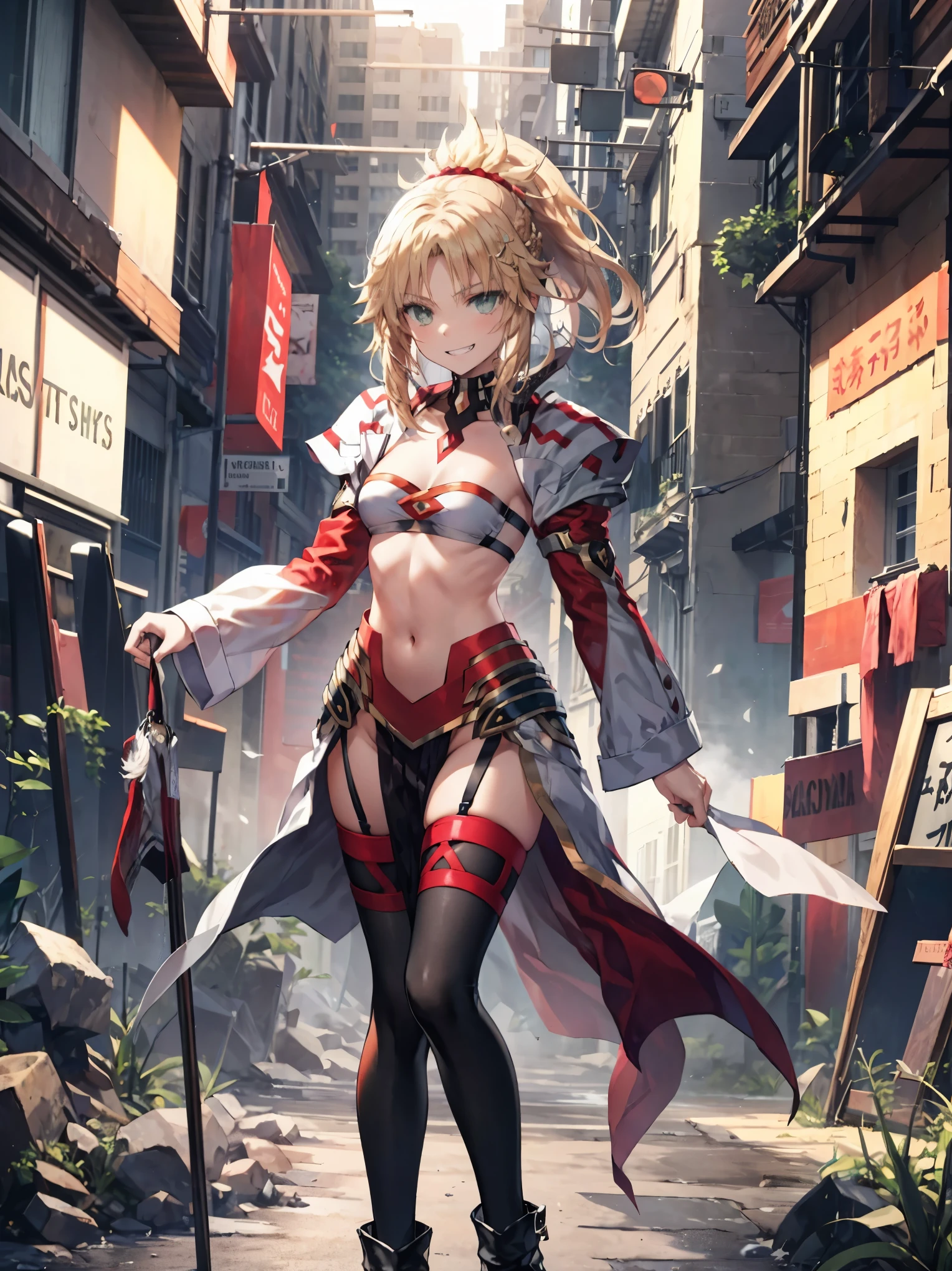 best quality, integrated scenery, integrated background, extremely delicate and beautiful, meticulous details, good composition, cute face, perfect face, perfect hands ,Masterpiece, Best Quality, illustration, city street, 1girl, Mordred \(fate\), collarbone, Detailed blond hair ponytail braid, green eyes,, White tubetop ,pelvic_curtain,navel,thigh-high,grin,(covered_nipples:0.6),skiny,big_smile,solo,boots,thigh-highs,groin