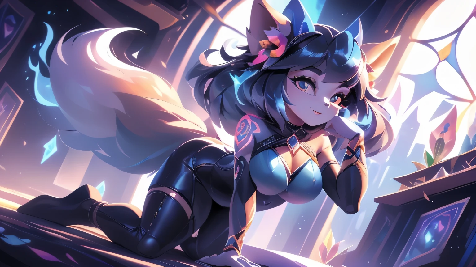 1girl, spirit blossom \(league of legends\), cowboy shot, foxgirl, fox ears, fox tail