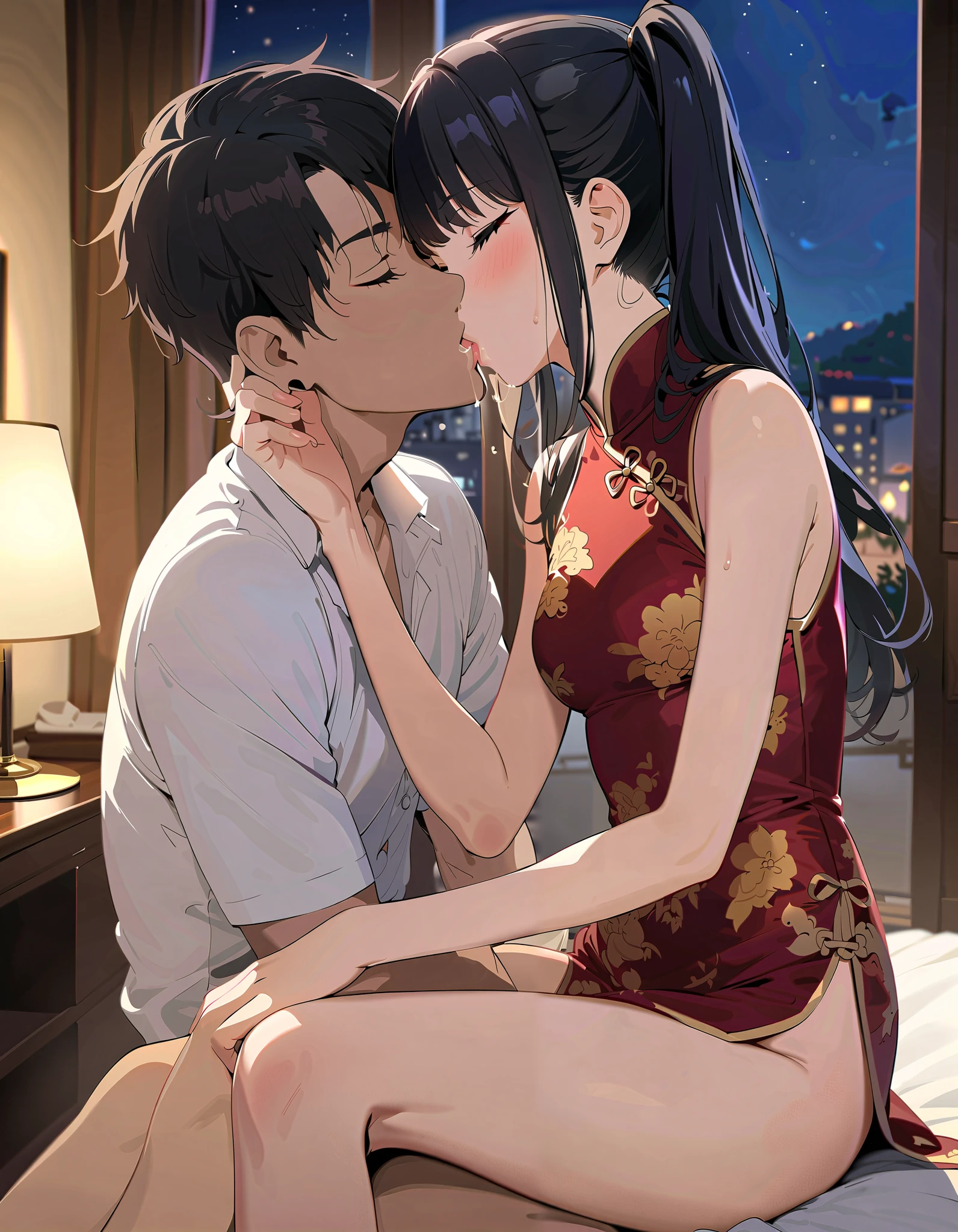 (masterpiece),( best quality),(  Very detailed),(  best shadow ),(  detailed background ),( Very Beautiful ), Official style, Hiori Kazano,  ponytail,  black hair,  dark eyes,  small breasts, ( red cheeks :1.2), (Kissing a man:1.2), ( Deep Kiss:1.3), (saliva:1.3), (China dress), ( is fascinated:1.2), ( eyes closed:1.2), (sitting on bed),  bedroom, ( hotel ), (night:1.3), (face focus:1.2), ( upper body:1.2),  real skin , nsfw