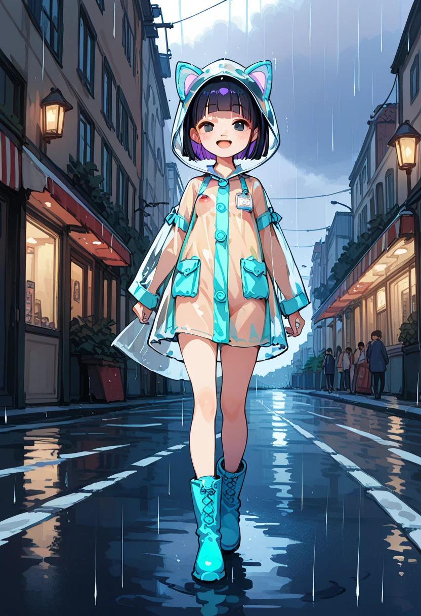 1girl,Alone,loli,11yearsold,short stature,flat breasts,black hair,purple inner hair,bob cut,bow-shaped hair,blunt bangs,black eyes,blue cat raincoat,put on hood,button closed raincoat,see-through raincoat,see-through nipples,rain boots,street,rainy,blush,open mouth, white breath ,Twisted Smile, arms to be robbed,walking,looking away,from below