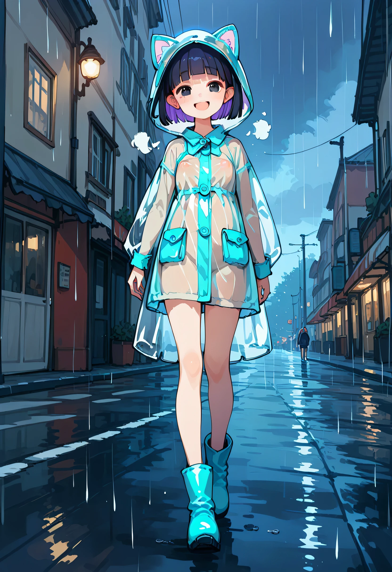 1girl,Alone,,11yeld,short stature,flat breasts,black hair,purple inner hair,bob cut,bow-shaped hair,blunt bangs,black eyes,blue cat raincoat,put on hood,button closed raincoat,see-through raincoat,see-through nipples,rain boots,street,rainy,blush,open mouth, white breath ,Twisted Smile,walking,looking away,from below