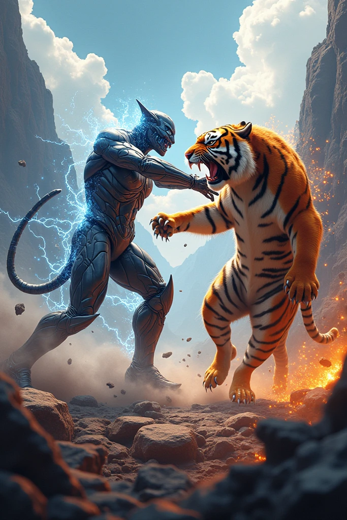 The imposing superhero Black Panther faces off against a fierce, majestic panther.. Both figures exude raw power as they prepare for a fusion, Surrounded by whirlwinds, mystical energies in a Wakandan setting. The anticipation of their merger is palpable. A blue aura that begins to intertwine.