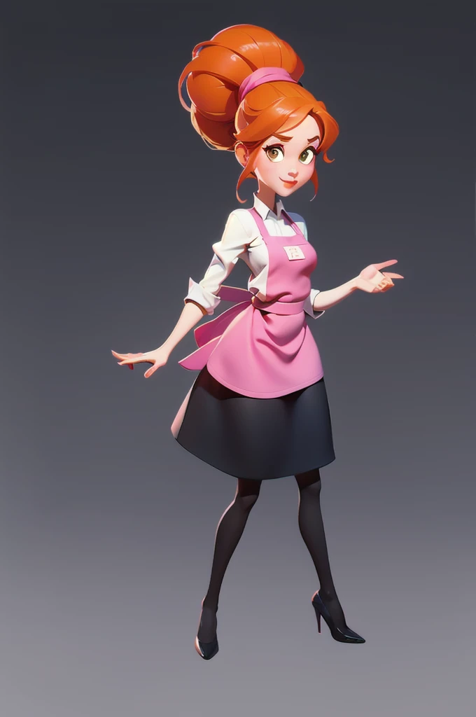 whole body， A Girl Wearing an Apron ，High heel，skirt，Orange hair，European and American cartoons， 2D Cartoon Characters ， pure white background ， Simple Background ，2D Characters 插图， Simulate Managing Game Style Characters ， Simulate Mobile Game Art Style Characters，2D Characters 