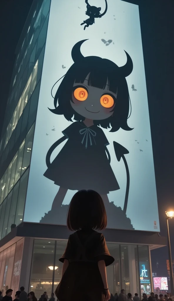 She is looking at a Black-Chibi-Devil-Girl anime projected on a blue laser projector using the entire large glass-fronted building as a screen, ultra-realistic, photorealistic, dramatic scene, shadow, global-illumination, solo, (20 years old Japanese famous idol girl:1.5), bad girl, very beautiful with very cute but boyish cool face, she is wearing punk rock outfits, the chibi-anime-devil-black-girl that projected on huge glass screen is 1girl\(dark black devil,cute,big eyes,large circle eyes,black skin,evil smile,long nail,orange eyes, vivid orange eyes, dark black skin, looking down,wearing capelet\(big,long,Tattered\), backlit,full body\) and is flying in the sky with amazing view of milky way, professional lighting, at night, 